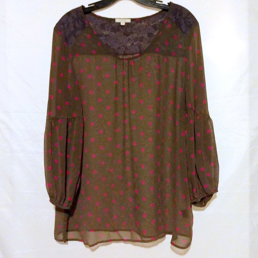 Pleione Sheer Polka Dot Top Shirt XL w/Lace Coquette Soft Girl Office Brown Pink